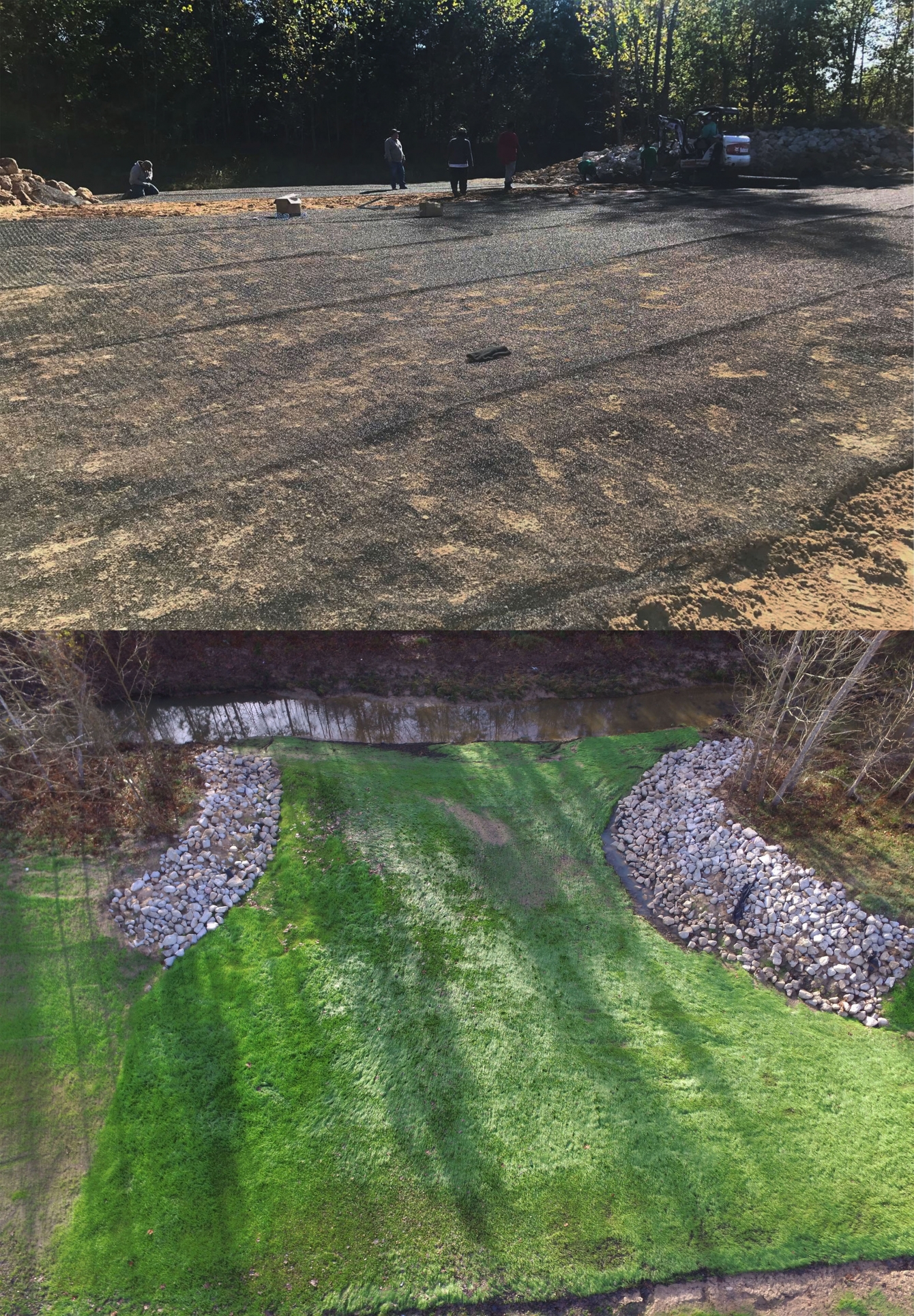 <b>Top:</b> The turf reinforcement mat encourages growth. <b>Bottom:</b> Two months after the application, Cayden Creek was establishing vegetation.
