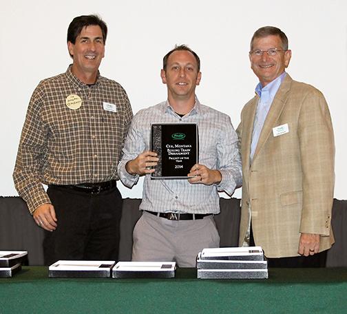 Aaron Schmidt, of ACF West (center), receives the “2014 Project of the Year” award at Profile Products’ annual awards banquet from Damon Sump (left), Profile Products Regional Sales Manager – Pacific NW  and John Schoch, CEO and President of Profile Products.