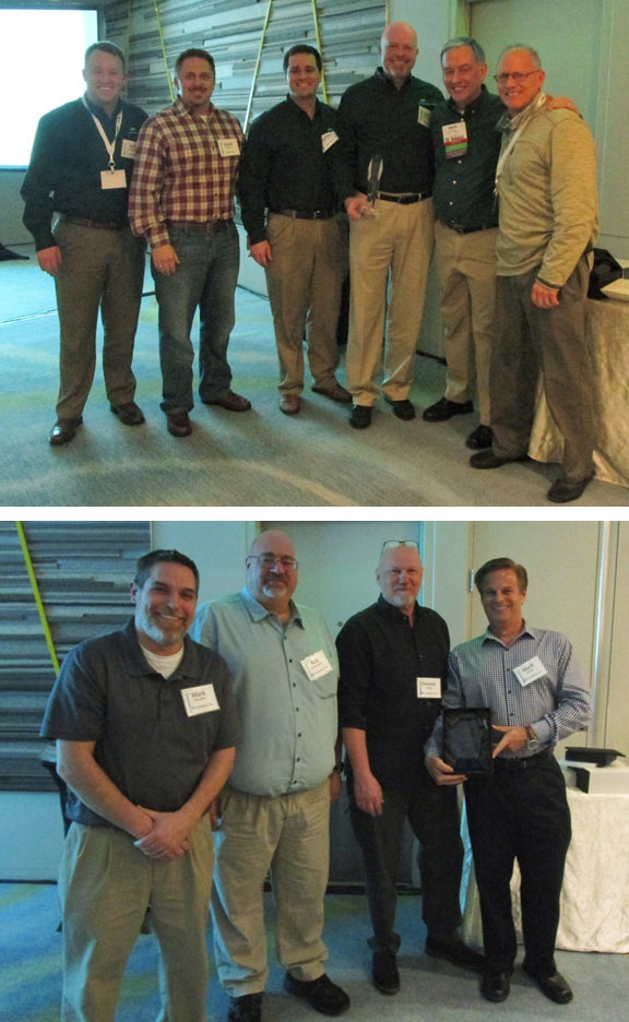 <b>Top:</b> Representatives from Hanes Geo receiving the President’s Club award — a first-time winner.
<b>Bottom:</b> Representatives from JMD receiving the Project of the Year award for the Rover Pipeline project.