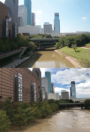 During Hurricane Harvey in 2017, Houston’s Buffalo Bayou (top) rose more than 40 feet (12.2 meters) above the mean water level (bottom).